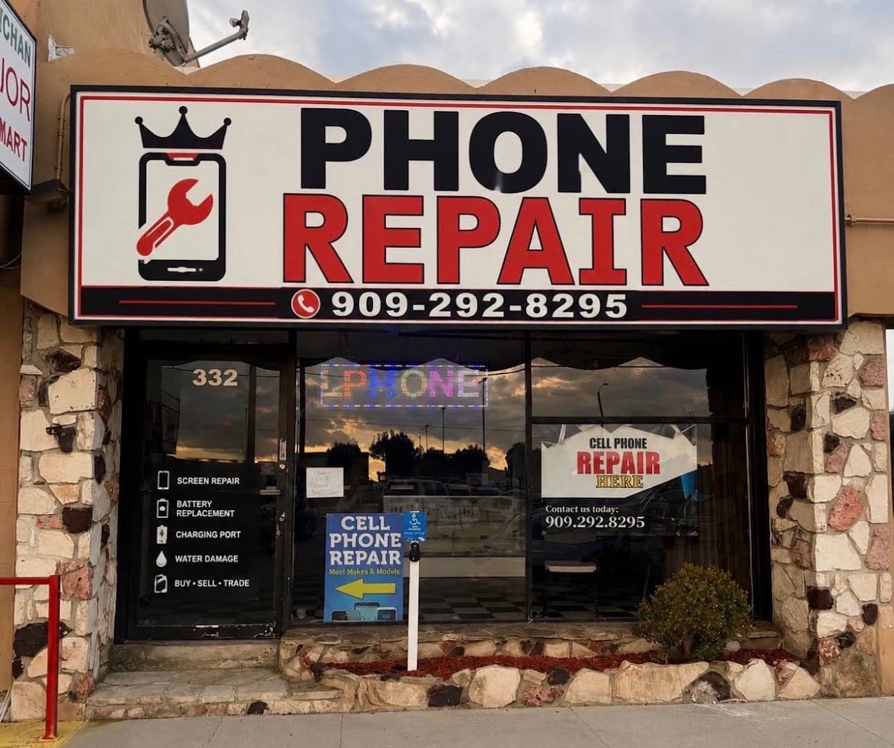 KINGSELL Phone Fix at 332 N Azusa Ave, West Covina — PHONE REPAIR sign, glass door with 332